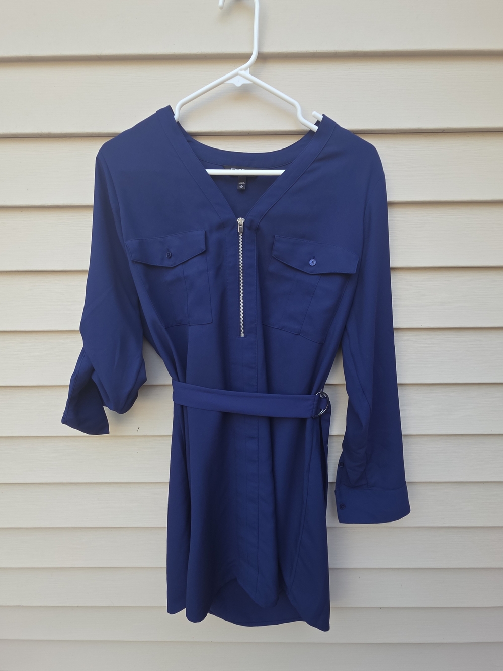 Express Navy Long-Sleeve Belted V-Neck Shirt Dress with Front Zip